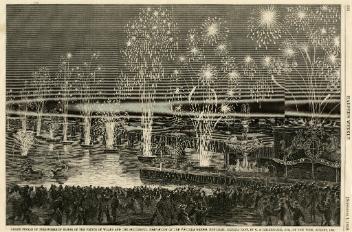 Grand finale of fireworks in honor of the successful completion of the Victoria Bridge, Montreal, Canada East, August, 1860