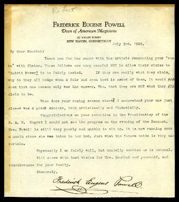 Letter to Harry Houdini from Frederick Eugene Powell