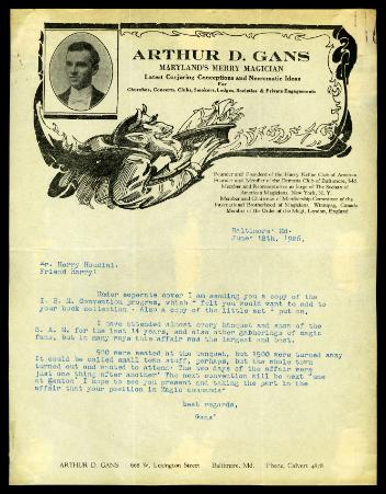Lettre d'Arthur D. Gans à Harry Houdini
