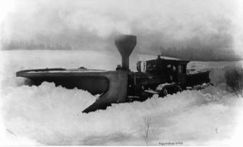 Locomotive with snow plough, Black River (now Saint-Agapit), near Quebec City, QC, 1869