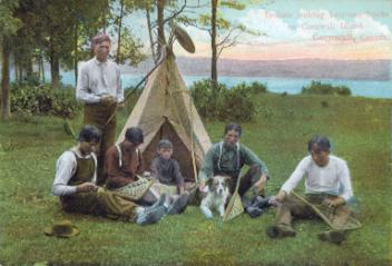 Aboriginals making lacrosse sticks, Cornwall Island, ON, about 1910