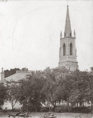 Spire of St. Francois Xavier de Batiscan Church, Batiscan, QC, about 1910