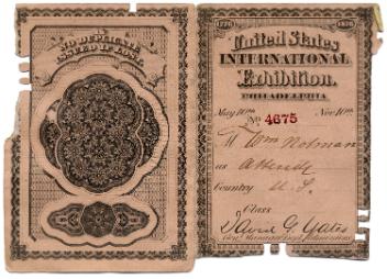 United States International Exhibition admittance card, delivered to William Notman