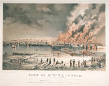 View of Quebec, Canada; From the River St. Charles; Shewing the conflagration of June 28th. 1845 (...).