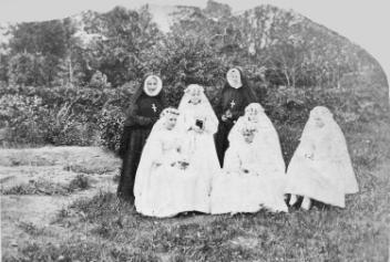 Group of girls, Sault-au-Recollet Convent, QC, copied 1866