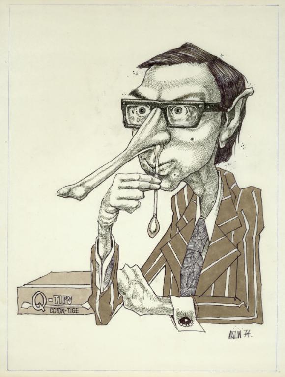 Cartoon - Bourassa cleaning his nose | McCord Museum
