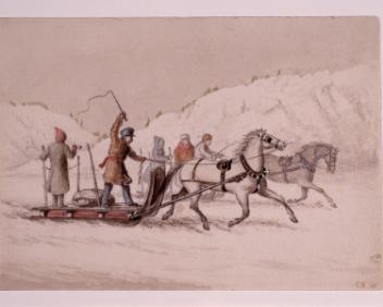 Winter scene with two racing sleighs