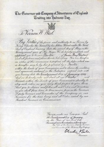 Appointment of Vernon W. West as factor of the James Bay District for the Hudson's Bay Company