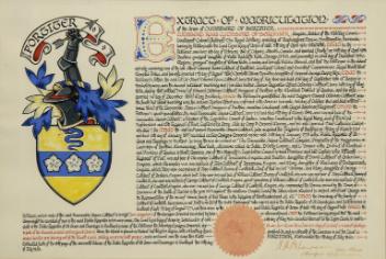 Enregistrement des armoiries de la famille Cuthbert pour Cuthbert Ross Cuthbert de Berthier, par Sir Thomas Innes of Learney, Lord Lyon, roi d’armes