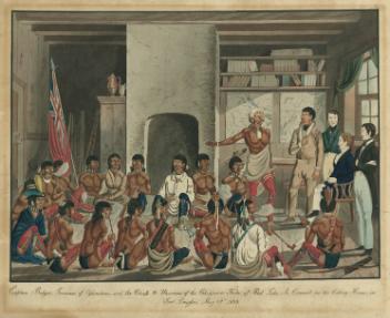 Le capitaine Bulger, gouverneur d'Assiniboia, et des chefs et des guerriers de la nation chippewa de Red Lake, réunis en conseil à la Maison de la colonie au Fort Douglas, 22 mai 1823
