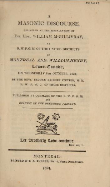 Booklet published to commemorate the installation of William McGillivray as Right Worshipful Provincial Grand Master (R.W.P.G.M.) of the Masonic Order in 1823