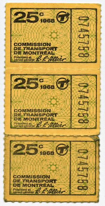 25-cent tickets issued by the Montreal Transportation Commission