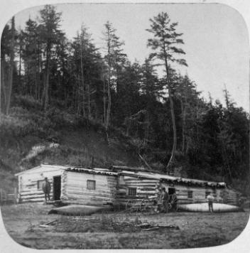 Canadian lumbermen's shanty, St. Maurice River, QC, about 1860