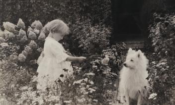 "Smell Doggie", Florence Sutcliffe offering flowers to a dog, Montreal, QC, 1920