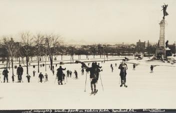 "Winter sports on Fletcher's Fields", skiers near the Sir George-Etienne Cartier Monument, Montreal, QC, ca. 1935