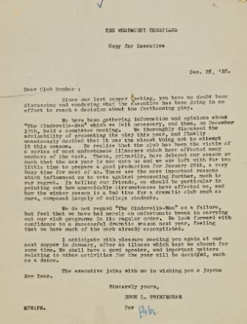 Lettre de Hugh L. Trimingham aux membres du club The Westmount Thespians