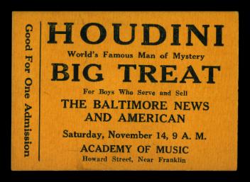 Billet d'entrée pour le spectacle de Harry Houdini à Baltimore