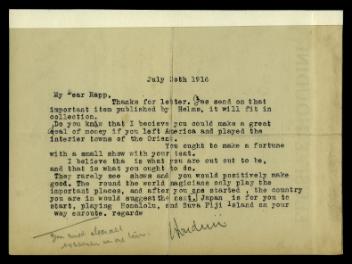 Lettre de Harry Houdini à M. Augustus Rapp