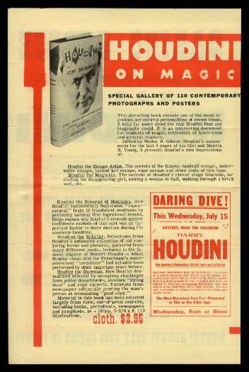 Prospectus announcing the book "Houdini: On Magic," edited by Walter B. Gibson and Morris N. Young