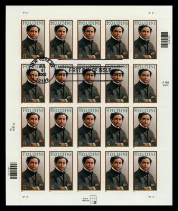 Feuille présentant des timbres commémoratifs en l'honneur de Harry Houdini émis par l'United States Postal Service