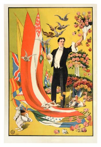 Magician with flags and flowers