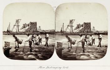 Men destroying coffer dam crib, Victoria Bridge, Montreal, QC, 1859