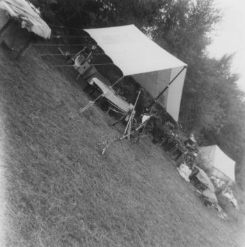 Awning rigged over table, QC, about 1963