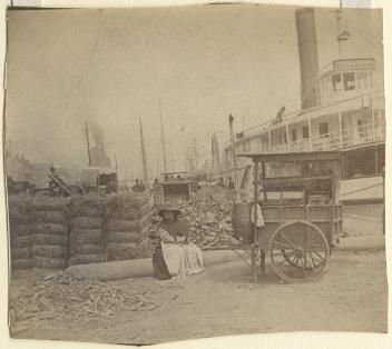 Water seller, market steamer wharf, Montreal, QC, about 1870