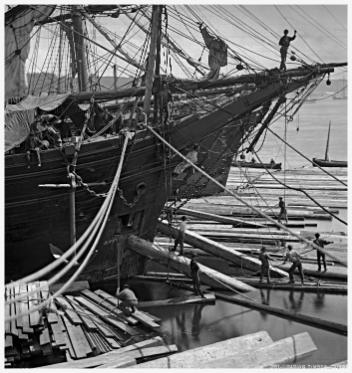 Loading ship with square timber through the bow port, Quebec City, QC, 1872