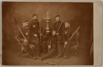 Group portrait of unidentified soldiers, Quebec City, Quebec, 1869-1875
