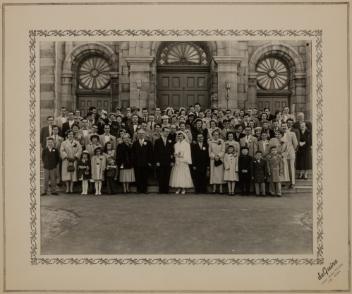 Wedding group portrait of unidentified persons, Montreal, Quebec, 1954-1958