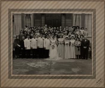 Wedding group portrait of unidentified persons, Montreal, Quebec, 1948-1953