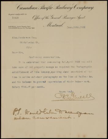 Lettre de David McNicoll, agent de services aux passagers pour le Canadien Pacifique, à Alexander Henderson, 29 janvier 1892