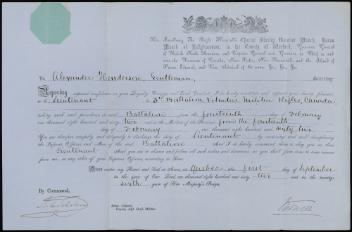 Commission militaire signée par Charles Stanley désignant Alexander Henderson à titre de lieutenant du 3e Bataillon des Volunteer Militia Rifles, Canada (Victoria Rifles)