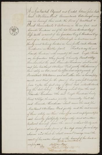 Indenture for Alexander Henderson's Apprenticeship with the Maitland and Wood Accounting Firm