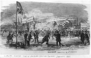 Curling Match at foot of Jacques Cartier Square, Montreal, QC, drawing by James Duncan, 1855, copied about 1910