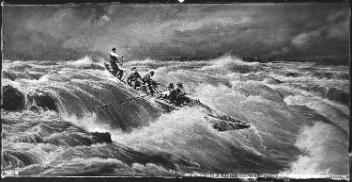 Big John et son groupe descendant les rapides de Lachine, Montréal, QC, photographie composite, 1878