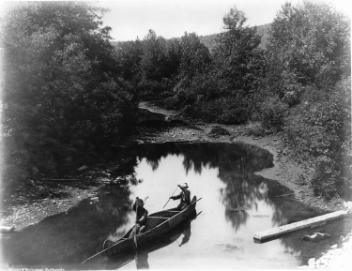 Two Indigenous Men in a Bark Canoe, Restigouche, QC, about 1870
