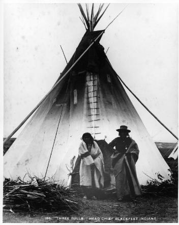 Three Bulls, Niisitapiikwan head chief, near Calgary, AB, about 1885