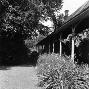 Patio and flowers, Campbell house, St. Hilaire, QC, about 1940