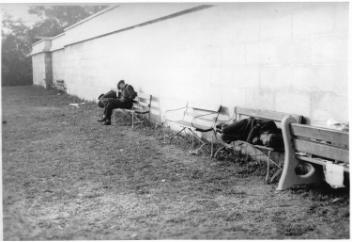 Unemployed men sleeping on park benches, Montreal, QC, about 1935