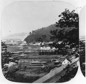 Messrs Gilmour & Co.'s timber booms, Wolfe's Cove, Quebec City, QC, 1860