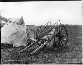 Red River cart and Métis camp, Qu'Appelle, SK, 1889