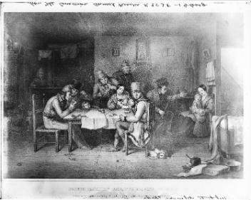 French Canadian habitants playing at cards, lithograph by Cornelius Krieghoff, 1848, copied for The Canadian Annual Review