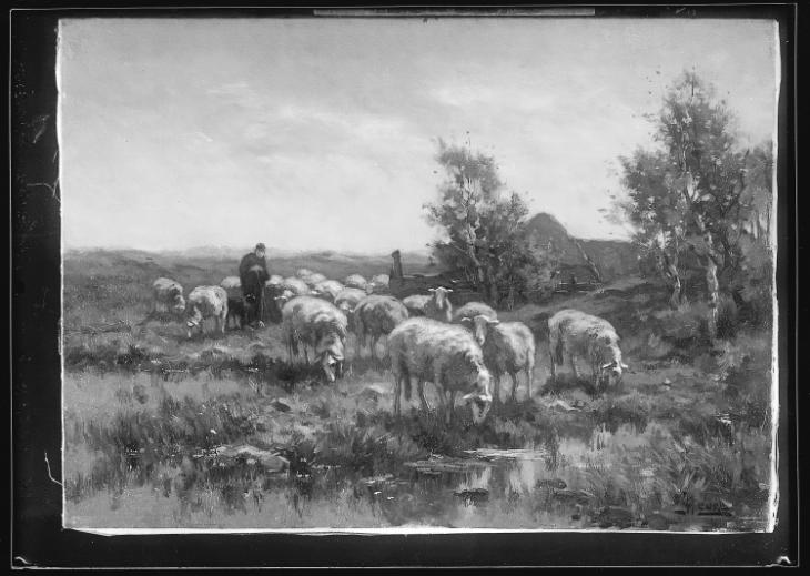 Berger et son troupeau de moutons, peinture de Heurs, copie réalisée pour la galerie d'art Watson, 1926-1927