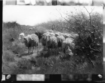 Berger avec son troupeau de moutons, peinture d'Adam Frans van der Meulen, copie réalisée pour Scott & Sons, 1934-1935