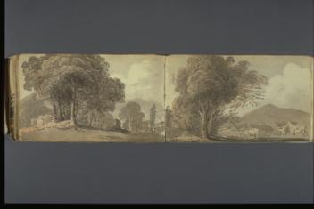 Trees with Building to Left and Three Cattle to Right