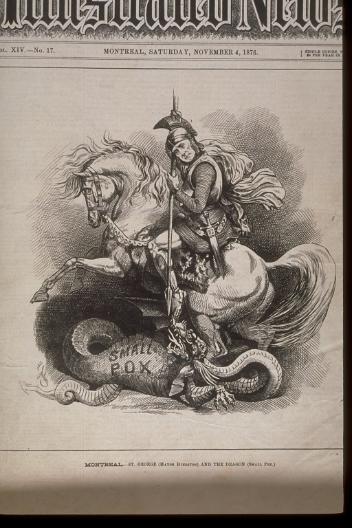 Montreal. St. George (Mayor Hingston) and the dragon (small pox), 1876