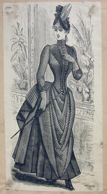 Illustration de catalogue d'une jupe de marche, d'un corsage et d'un chapeau