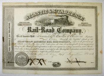 Compagnie du chemin à lisses du Saint-Laurent et de l'Atlantique, 1858. Valeur de 100$
